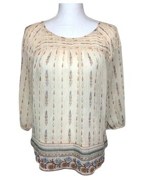 LC Lauren Conrad Cream Boho Floral Top Blouse 3/4 Sleeves Women Medium